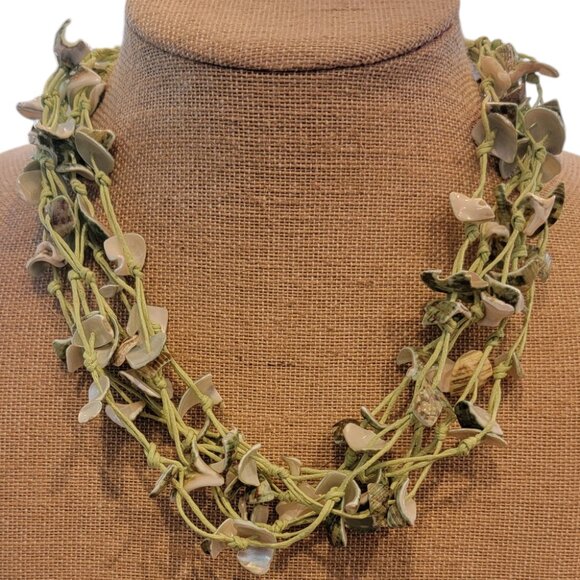 Jewelry - Green Shell & Cotton Multistrand Boho Necklace
